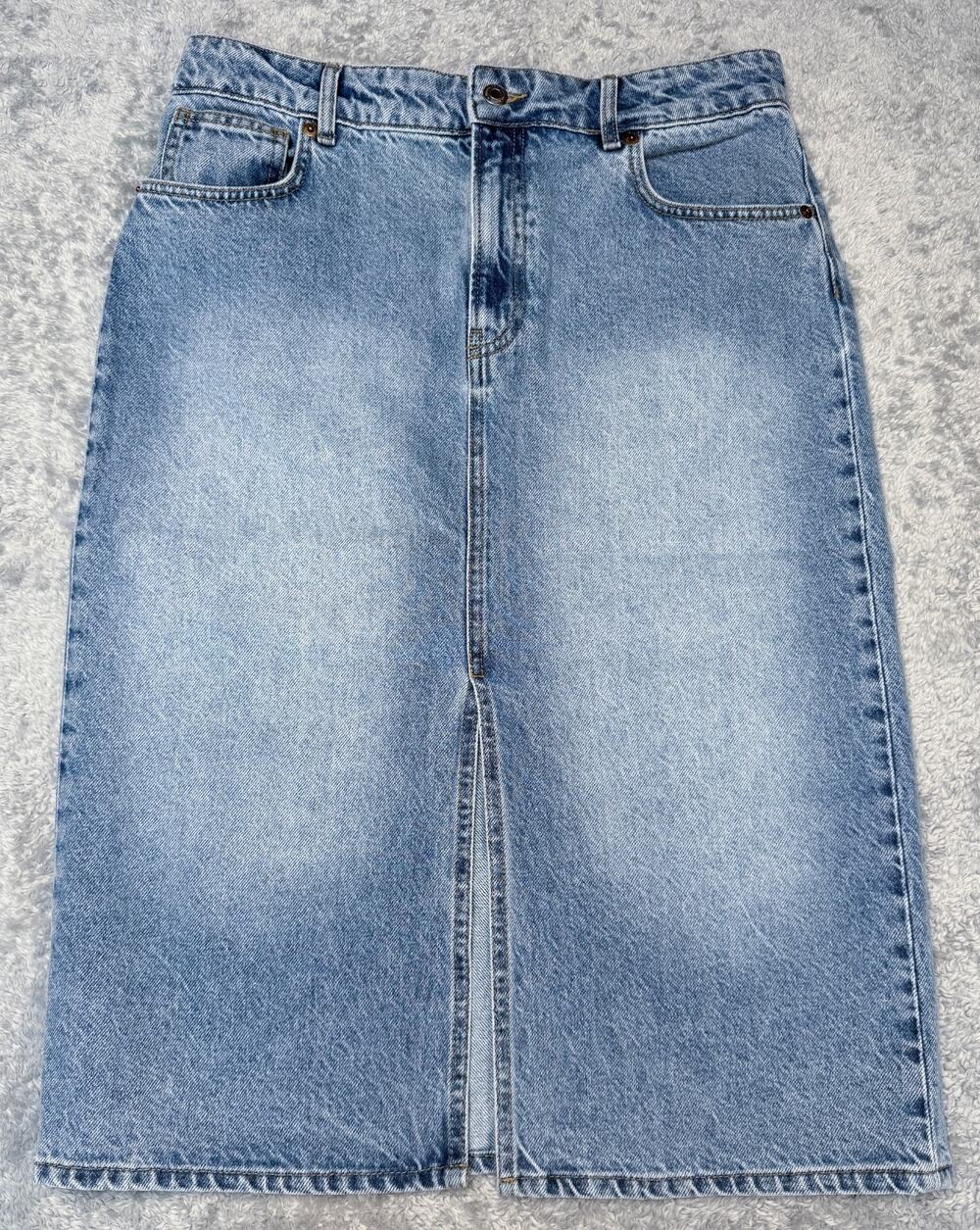 H&M Blue Denim High Rise Midi Pencil Skirt Jean Cotton Slit Womens Size 8 NWT